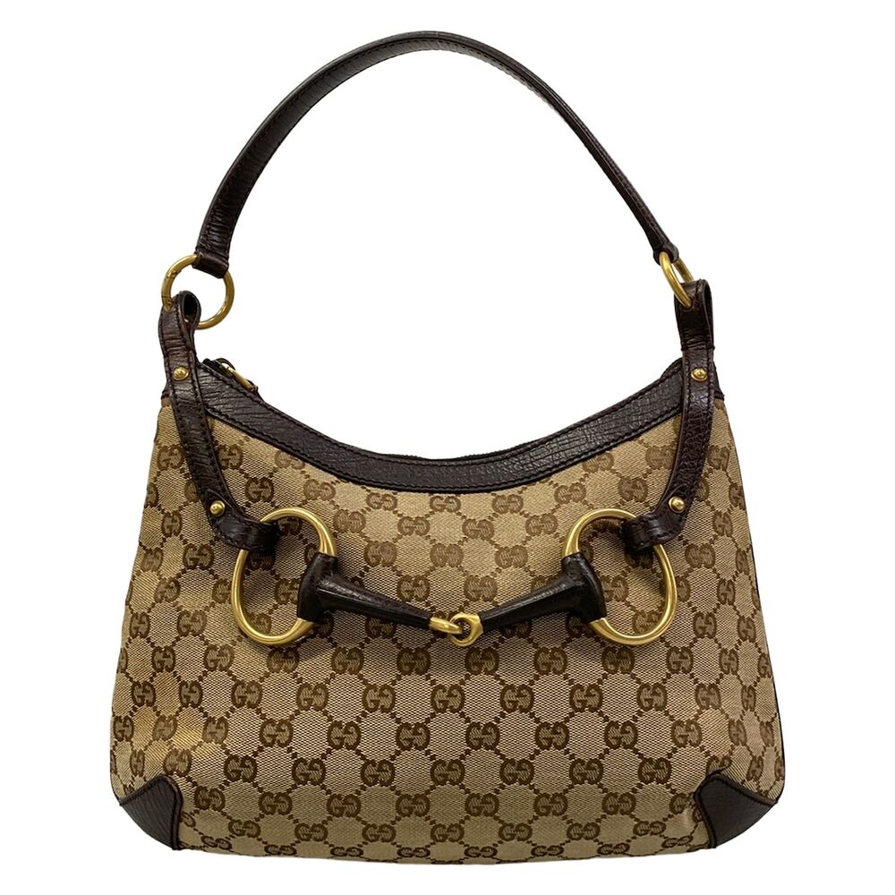 Gucci Horsebit/GG Shoulder Bag 114890 Beige Dark Brown Jacquard Leather